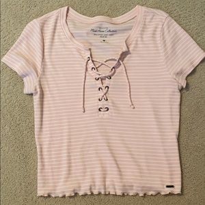 lace up stripe short sleeve crop top